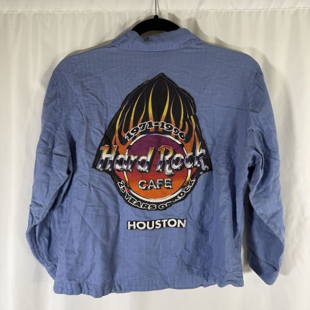Vintage Patch Hard Rock Houston 1996 Shirt Women's 8 Blue Button Up Long Sleeve